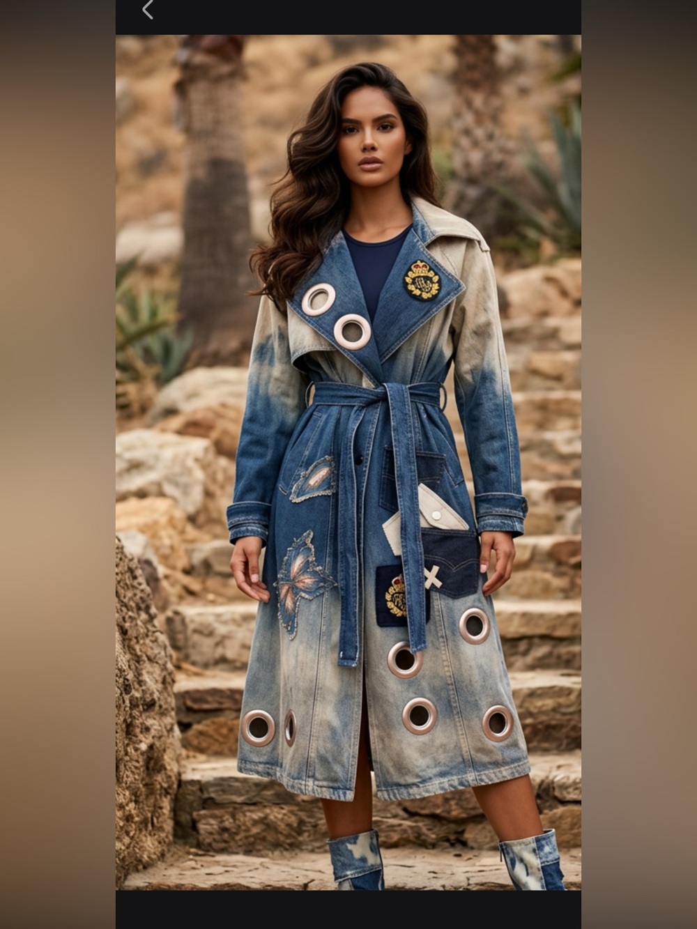 Upcycled Denim Trench Coat with Patchwork Grommet Blue and Distressed Tan size M - Picture 8 of 8